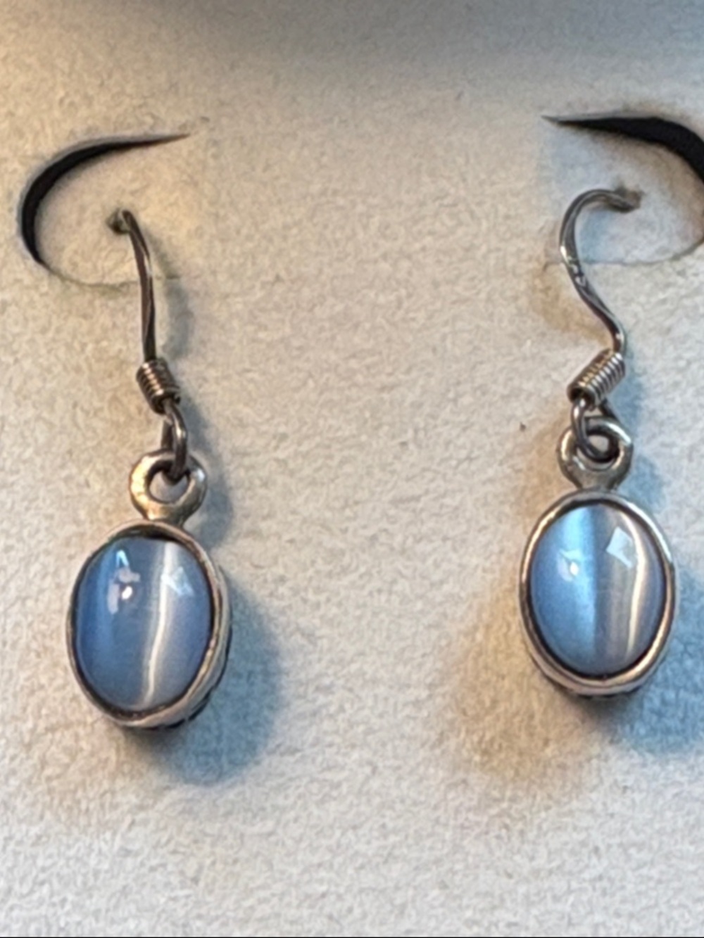 Sterling Silver and Blue Oval Cat's Eye Moonstone Gem Filigree Dangle Earrings